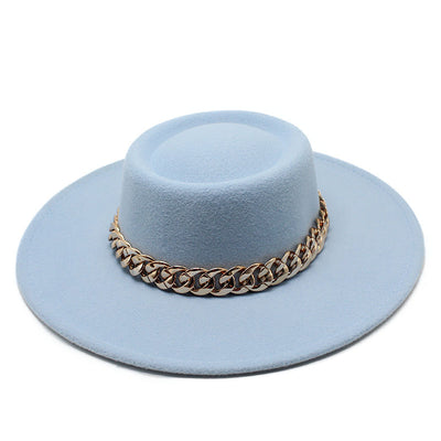 British Elegance Round Concave Flat Top Woolen Hat - Sky Blue M56to58cm - Men's Hats & Caps - Carvan Mart