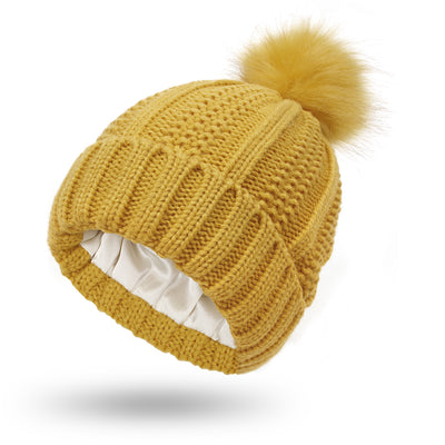 Fashion Stretchy Satin Lined Skull Knit Hats Beanie Hat For Women Faux Fur Pom Pom Hat Winter Keep Warming Beanie Hat - Yellow One size - Women's Hats & Caps - Carvan Mart