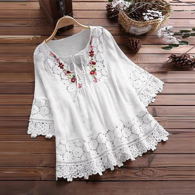 Clearance Women's Tunic Tops for Leggings Women's Vintage Quarter Blouses Top T-Shirt Lace Patchwork Bow V Neck - Carvan Mart