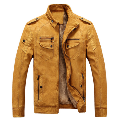 Leather Jacket Plus Velvet Washed Retro Leather Jacket - Yellow - Genuine Leather - Carvan Mart