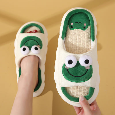 Cute Cartoon Cow Frog Slippers Linen Non-slip Shoes Indoor Garden Home Slippers - Green - Women's Slippers - Carvan Mart