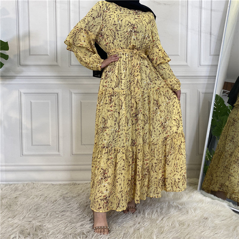 Muslim Long Sleeve Lined Chiffon Printed Lace-up Female Large Swing Dress - Carvan Mart Ltd