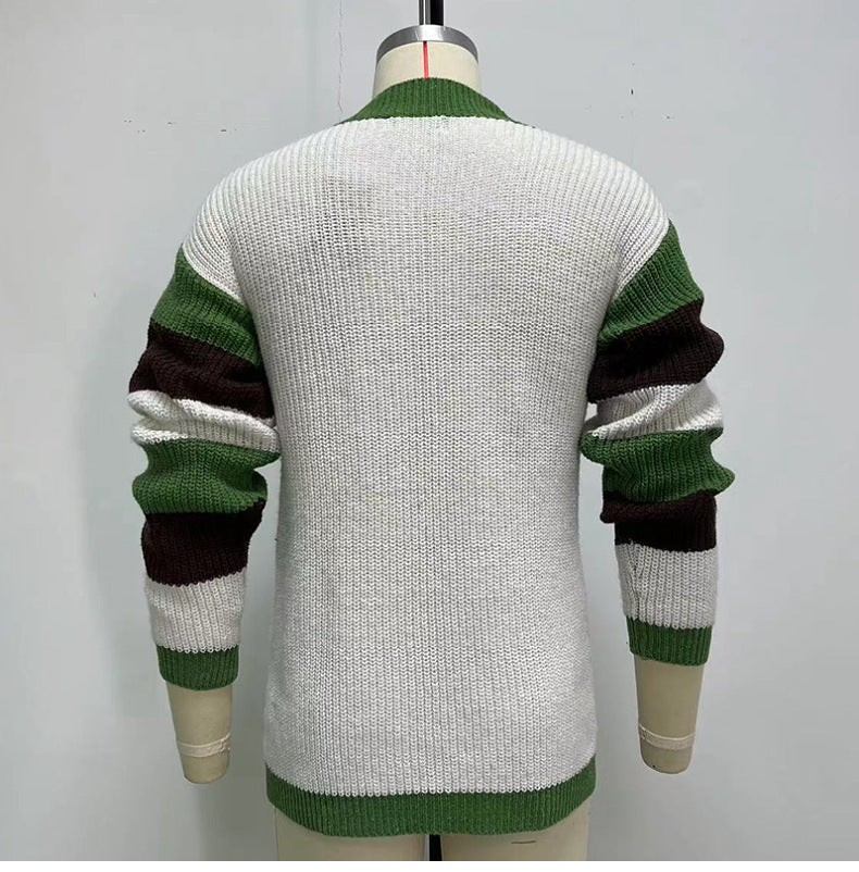 Loose Contrast Color Woolen Cardigan Jacket - Carvan Mart