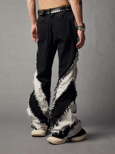 Black And White Pant Patchwork Slim Rough Edge Washed Men's Denim Pant - - Men's Pants - Carvan Mart