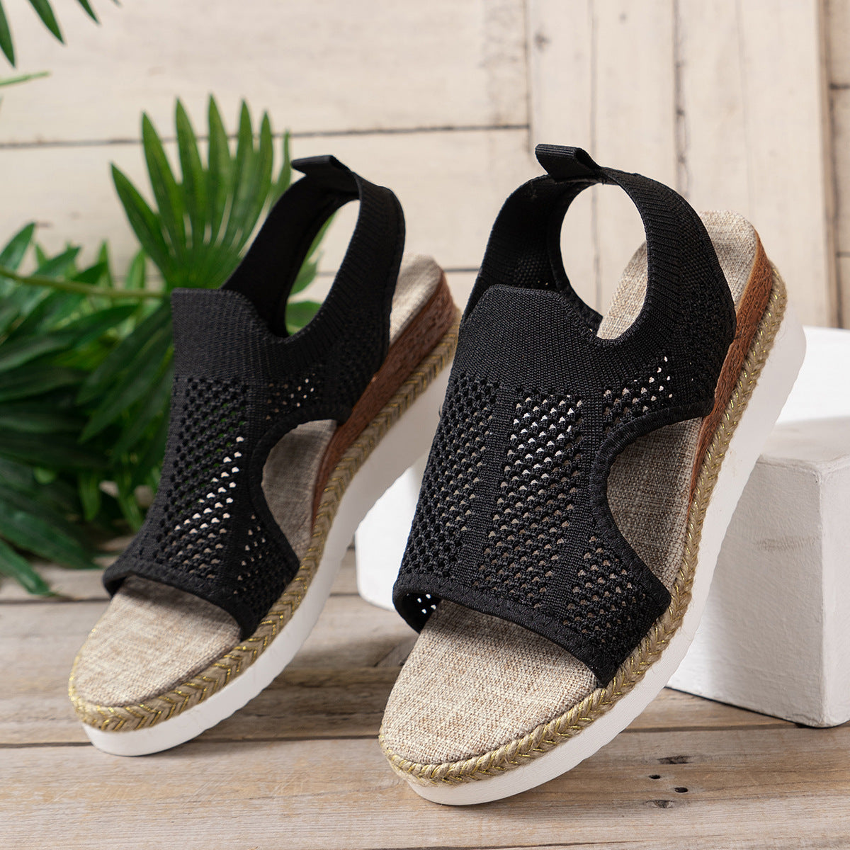 Cover Toes Hollow Wedges Fly Woven Breathable Mesh Peep Toe Sandals - Carvan Mart