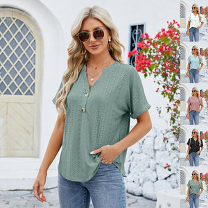 V-neck Rolled Hem Short Sleeve Top Summer Fashion Women Hollow T-shirt - - Winter Tops - Carvan Mart