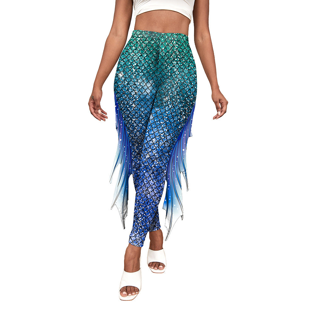 High-Waisted Mermaid Leggings with Fringe Detail - B2421004 - Pants & Capris - Carvan Mart