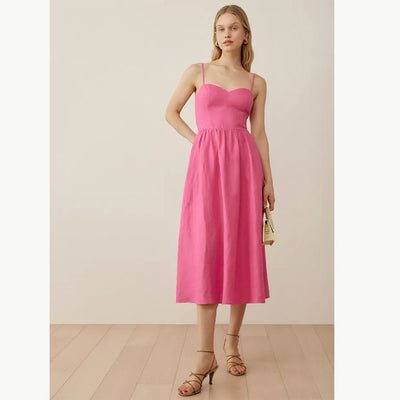 Casual Dresses Women's Strapless Backless Zipper High Waist Linen Midi Dress - Pink - Women's Linen - Carvan Mart