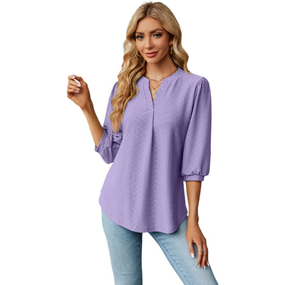 Solid Color Lace Collar Jacquard Long Sleeve Loose-fitting T-shirt Top - Purple - Tops & Tees - Carvan Mart