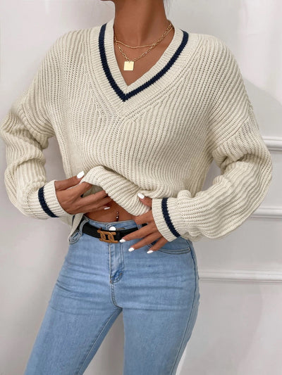 Winter Women's Clothes Cable Knit V Neck Sweaters Casual Long Sleeve Striped Pullover Sweater Trendy Loose Preppy Jumper Top - Carvan Mart