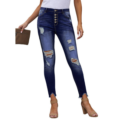 High Rise Cropped Denim Jeans for Women - Hand Worn Street Style Pencil Pants - Blue - Women's Jeans - Carvan Mart