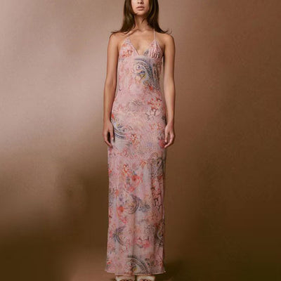 Floral Print Halter Spaghetti Strap Dress Butterfly Back Women's A Dress - Carvan Mart