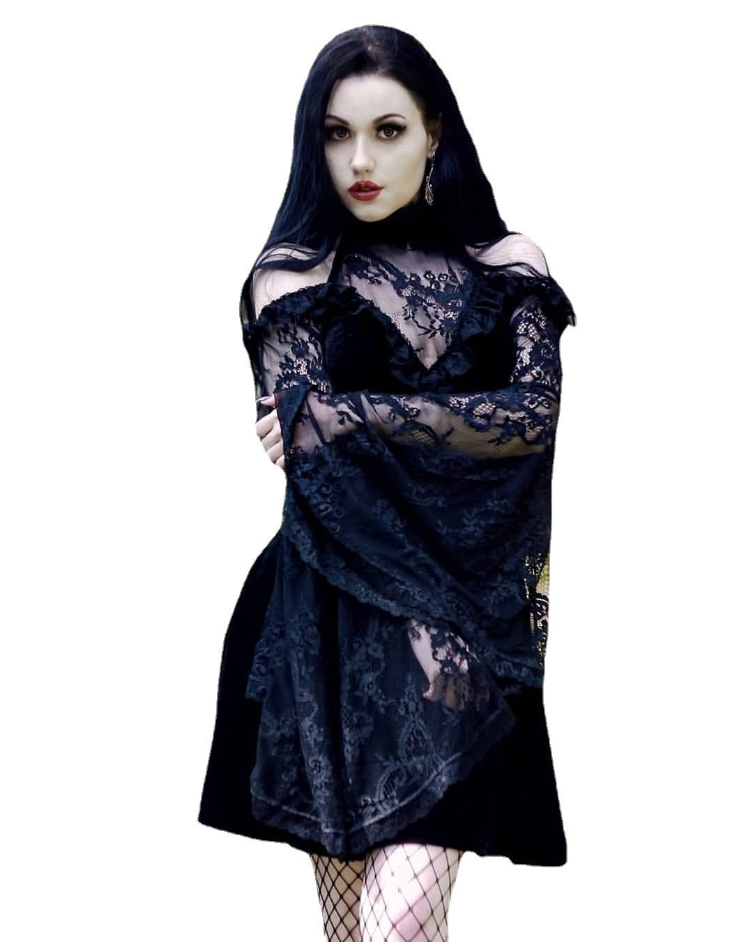 Lace Panels Gothic Milkmaid Dress - Carvan Mart