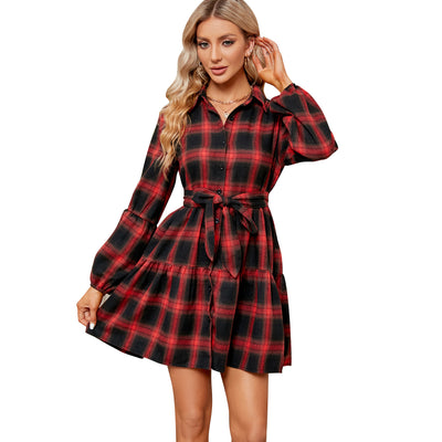 Women's Plaid Waist Dress - Adjustable Waist Cocktail Party Dress in Red and Black Stripes - Carvan Mart