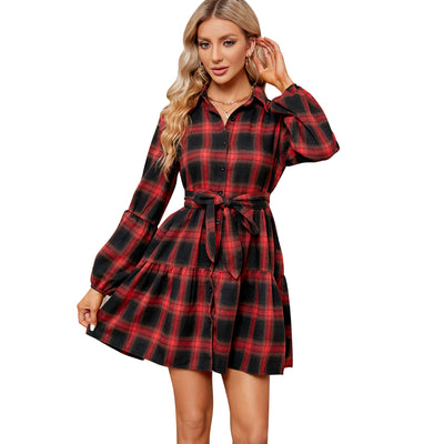 Women's Plaid Waist Dress - Adjustable Waist Cocktail Party Dress in Red and Black Stripes - - Cocktail Dresses - Carvan Mart