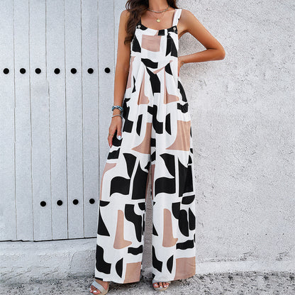 Square Neck Jumpsuit Fashion Print With Pockets Casual Loose Overalls Women
