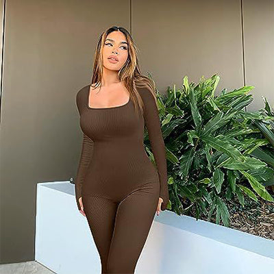 Women's Sports Fitness Jumpsuit Yoga Workout Long Sleeve Jumpsuit - Coffee - Jumpsuits & Rompers - Carvan Mart