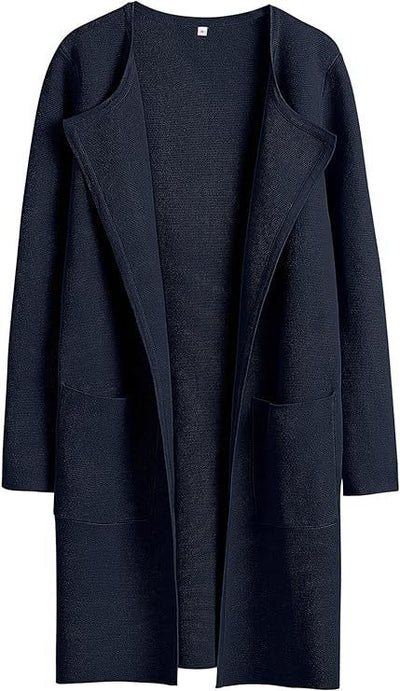 Women's Woolen Coat With Pockets Autumn And Winter Temperament Slim Fit Mid Length Jacket Comfortable Casual Lapel Coat - Navy Blue - Women's Coats & Jackets - Carvan Mart