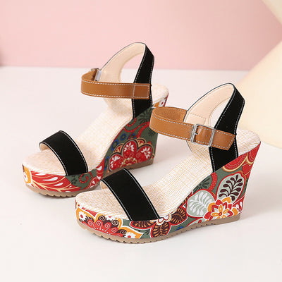 Sandales compensées hautes pour femmes, chaussures d'été brodées de fleurs, bout d'été, plateforme, boucle