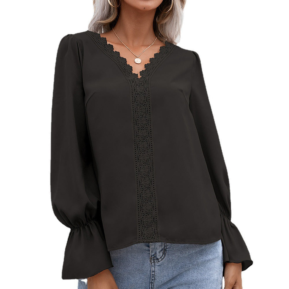 Women's Hollow Lace Long-sleeved Shirt - Carvan Mart