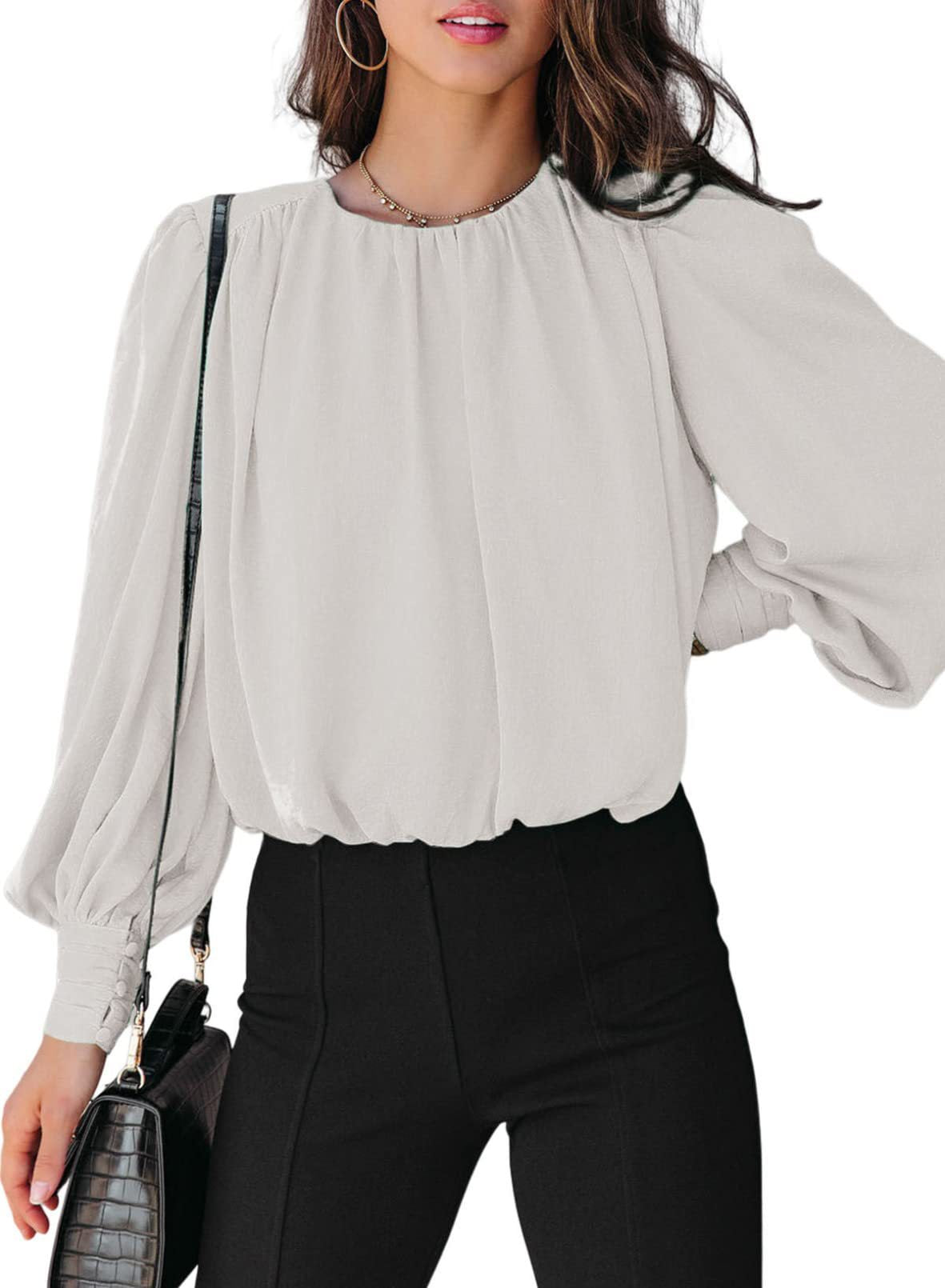 Women's Blouse Solid Color Round Neck Long Sleeve - White - Blouses & Shirts - Carvan Mart