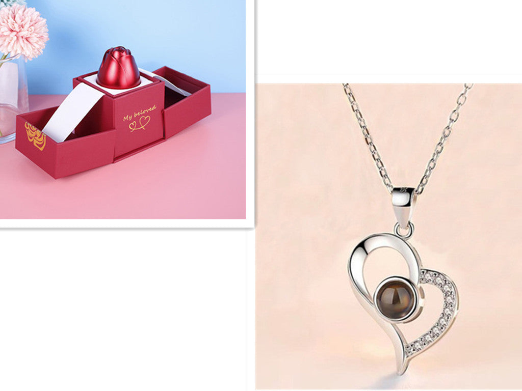 Valentine's Day Gifts Metal Rose Jewelry Gift Box Necklace Wedding Girlfriend Necklace Gifts - Silver B set - Gift - Carvan Mart