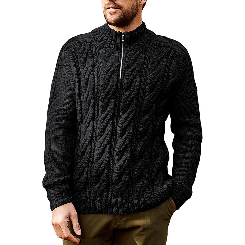 Men's Knitted Solid Color Half High Neck Long Sleeve Sweater - Fit Type with Ribbed Hem - Black - Men's Sweaters - Carvan Mart