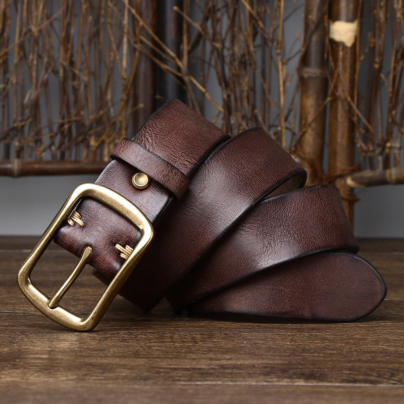 Men's Cowhide Vintage Distressed Pleated Brass Buckle Belt - Brown - Men's Belts - Carvan Mart