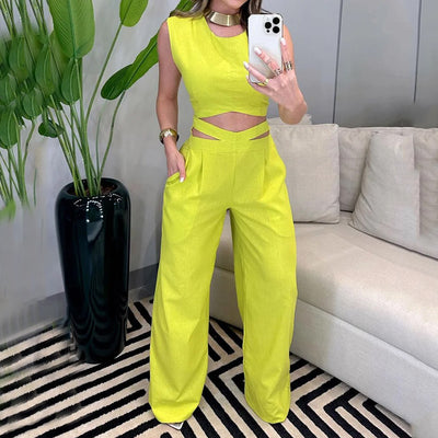 Casual Vest Suit Sleeveless Long Pant Summer Street Style Girl Two Piece Suit - Yellow - Suits & Sets - Carvan Mart