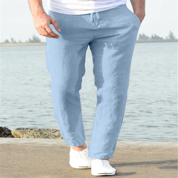 Men's Linen Summer Casual Pants - Comfortable Drawstring Trousers - Sky Blue - Men's Pants - Carvan Mart