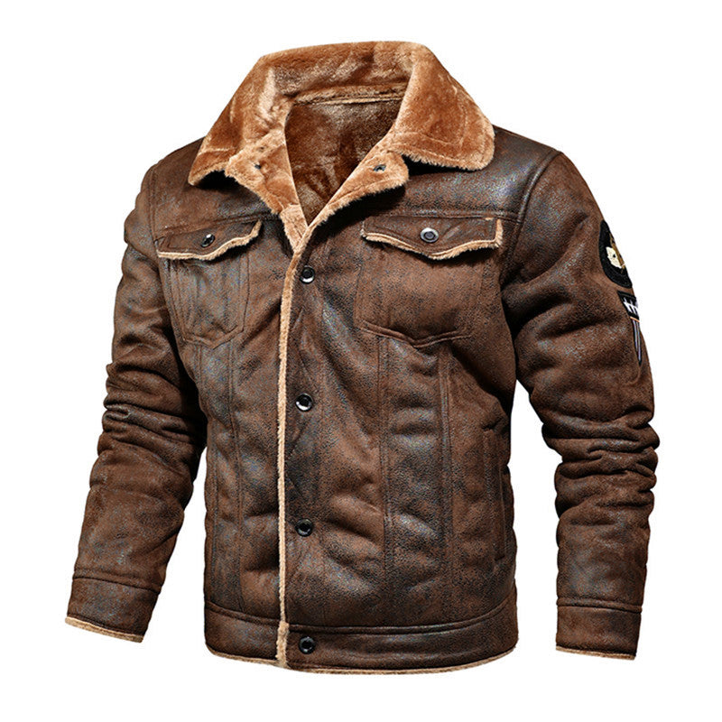 Leather men's plus cashmere motorcycle leather jacket - Carvan Mart