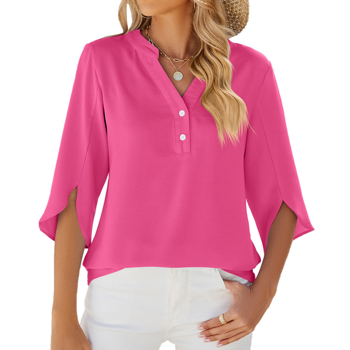 Button V-neck Mid-sleeve Chiffon Shirt Women's Solid Color Top - Rose Red - Tops & Tees - Carvan Mart