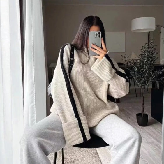 Women's Fashion Casual Turtleneck Patchwork Stripes Sweater - Carvan Mart