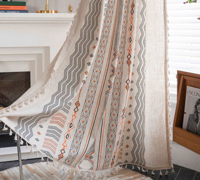 Boho Cream Cotton And Linen Print Sun Shade Non-punched Curtain Fabric - Carvan Mart