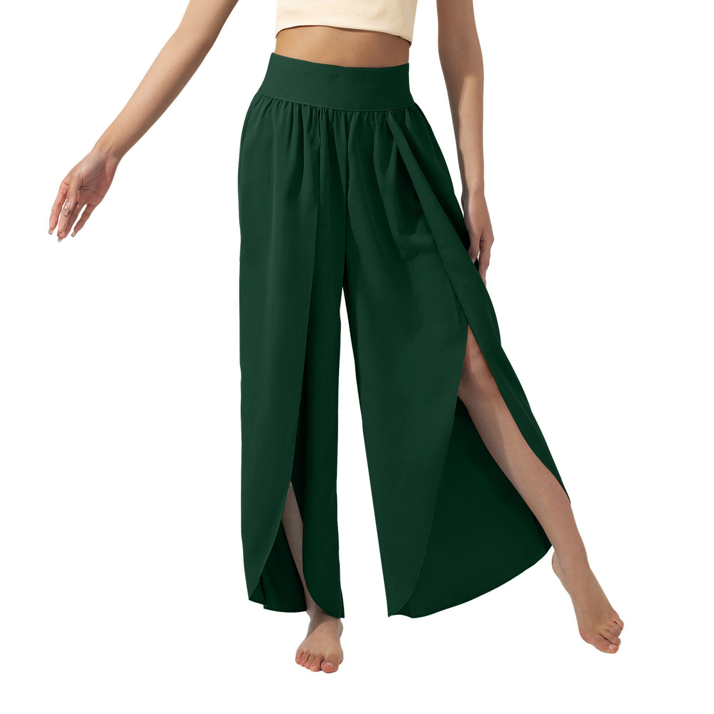 Flowy High-Waisted Split Leg Pants - Beachwear Boho Palazzo in Teal - Olive Green - Pants & Capris - Carvan Mart