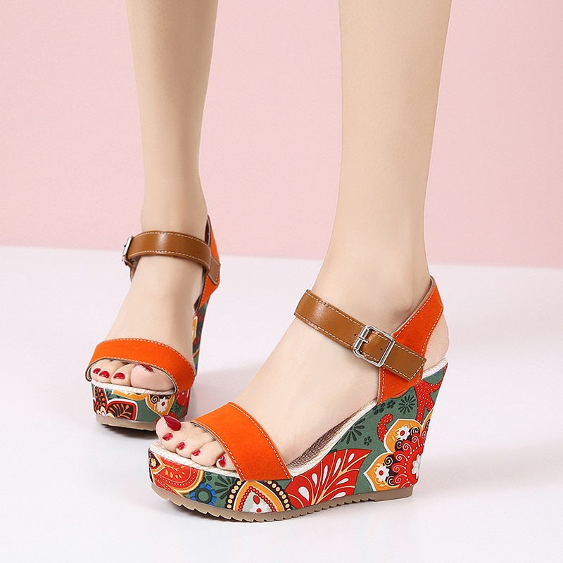 High Wedge Sandals For Women Flowers Embroidered Summer Toe Platform Buckle Shoes - Orange - Women's Sandals - Carvan Mart