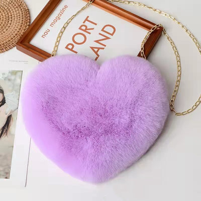 Love Bag for Women - Plush Heart-Shaped Chain-Strap Handbag with Sequins for Parties - Taro purple - Shoulder Bags - Carvan Mart