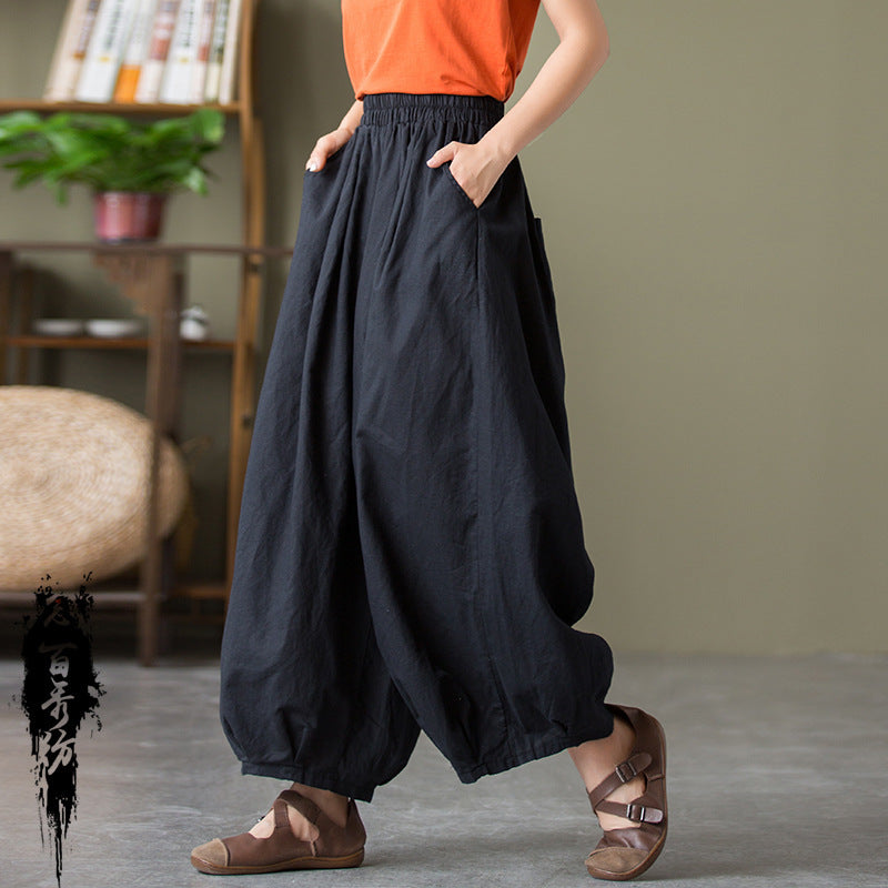 Comfortable Boho Harem Pants - Loose Fit Cotton Linen Trousers - Black L - Pants & Capris - Carvan Mart