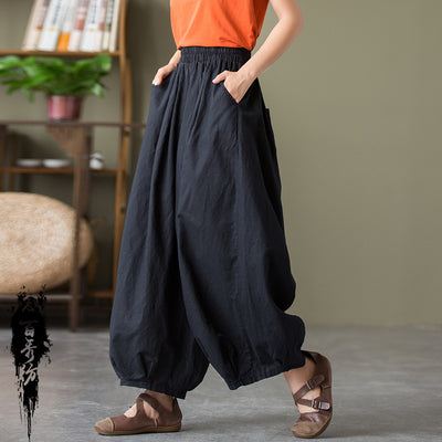 Cotton Linen Trousers Women's Sand Washed Bloomers - Carvan Mart