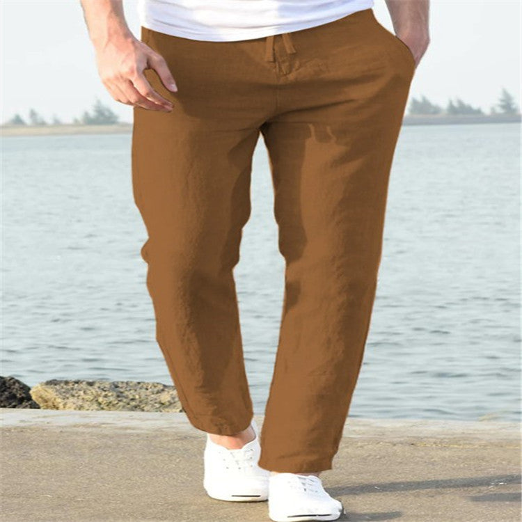 Men's Linen Summer Casual Pants - Comfortable Drawstring Trousers - Dark Brown - Men's Pants - Carvan Mart