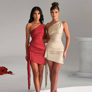 One Shoulder Sleeveless Mini Dress Slim Backless Skirt Party Wedding Dress - Carvan Mart