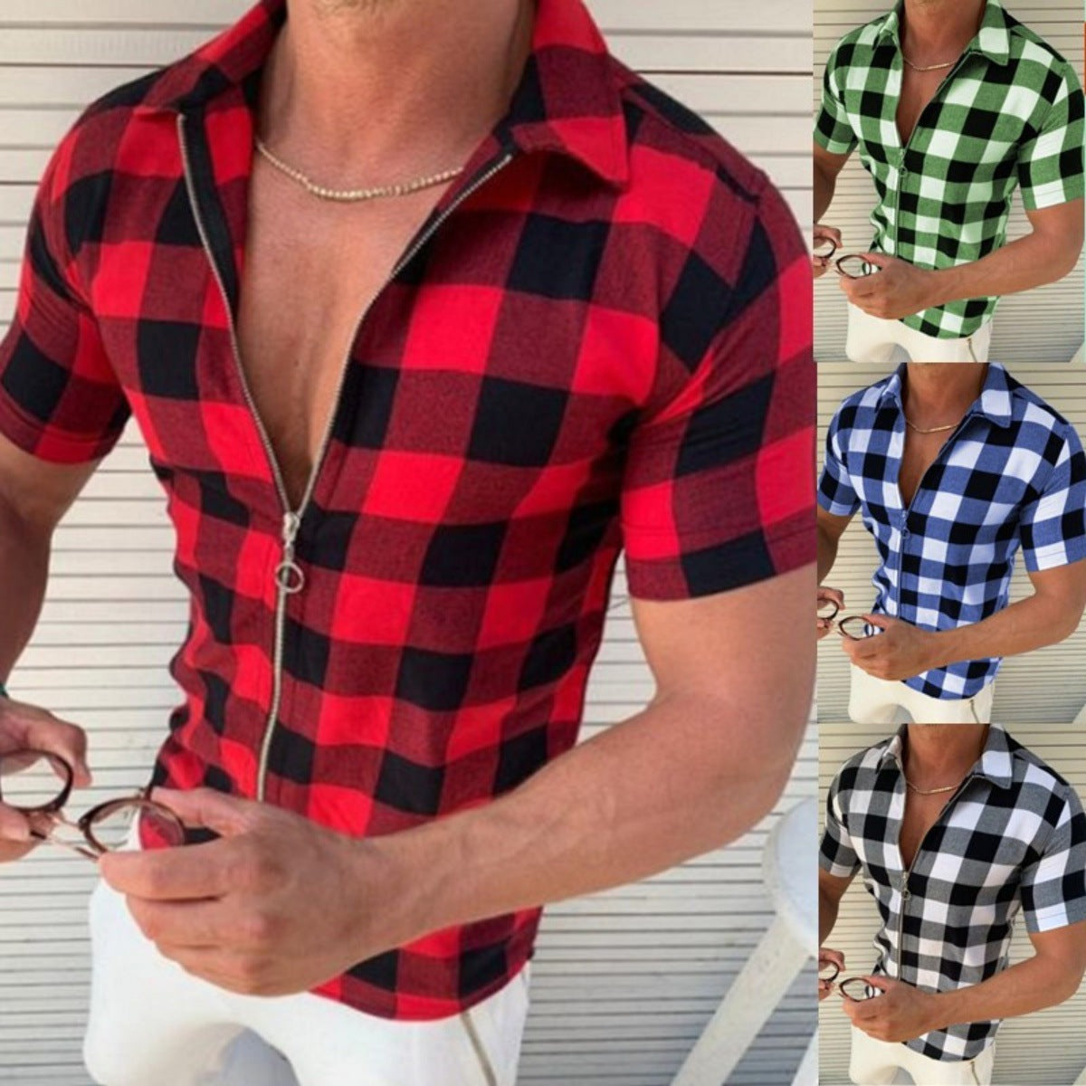 Plaid T Shirt Mens Zipper Short Sleeve Shirts Summer Men Clothing - Carvan Mart