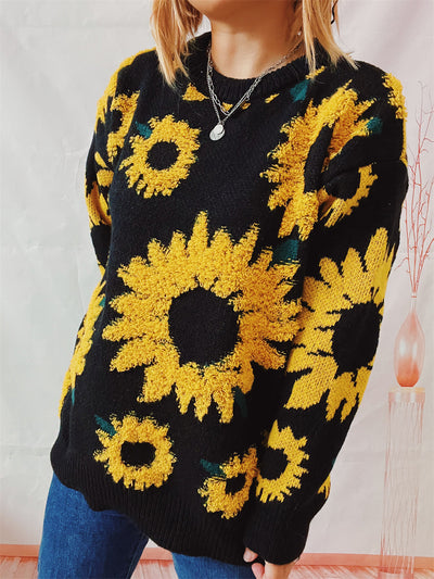 Women's Sweater Sunflower Jacquard Round Neck Long Sleeve Sweater - Carvan Mart