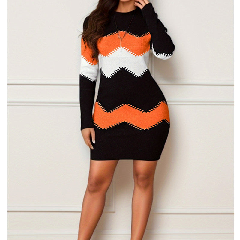 Mid-length Short Skirt Round Neck Long Sleeve Printed Knitted Sheath Dress - Carvan Mart