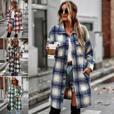 Temperament Leisure Long Plaid Tup Cardigan Coat - Carvan Mart