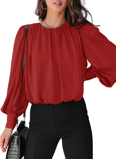 Women's Blouse Solid Color Round Neck Long Sleeve - Red - Blouses & Shirts - Carvan Mart