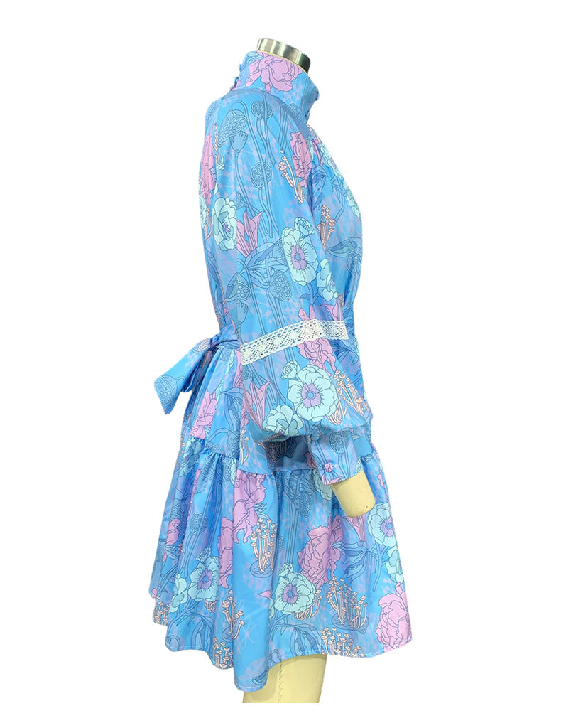 Plus Size Boho Dress Women's Plus Floral Print Print Contrast Lace Button Decor Lantern Sleeve High Neck Smock Dress With Belt - Carvan Mart