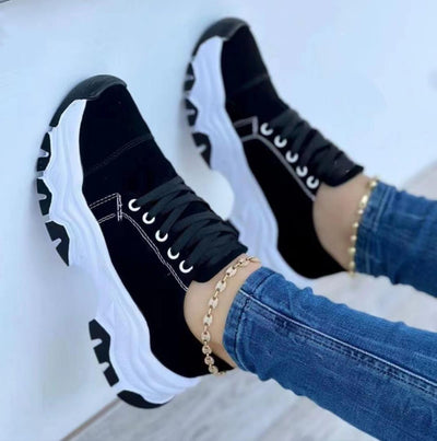 Platform Sport Flats Shoes Lace-up Sneaker Outdoor Walking Casual Shoes Women - Black - Women's Shoes - Carvan Mart