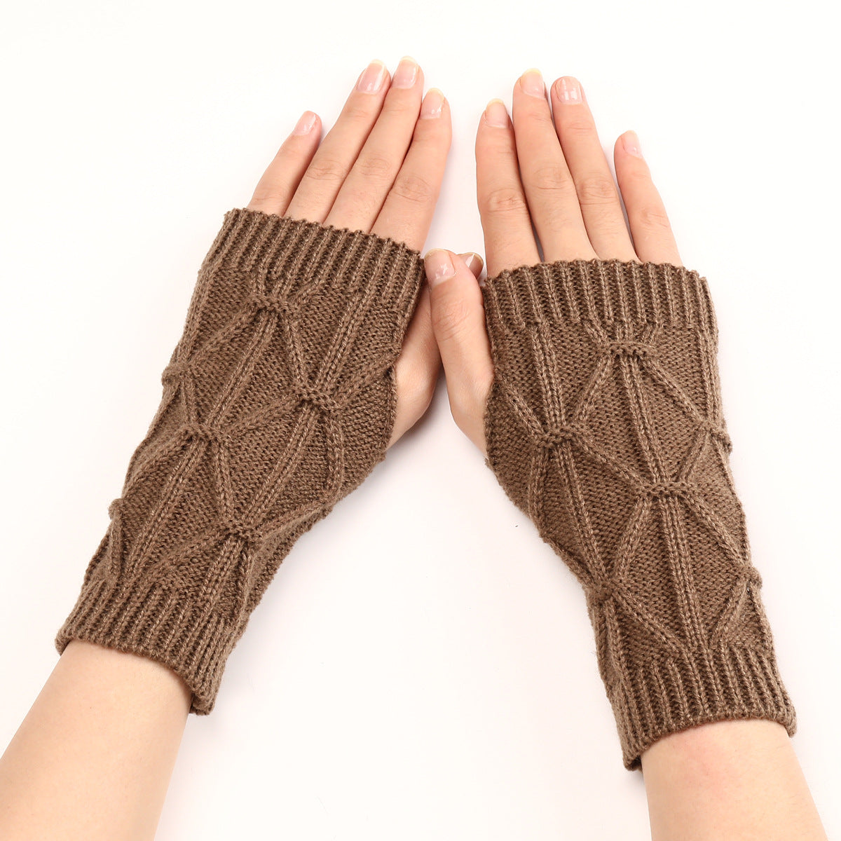 Rhombus Fashion Oversleeve Knitted Wool Keep Warm Half Finger Gloves - Khaki Average Size - Women Gloves & Mittens - Carvan Mart