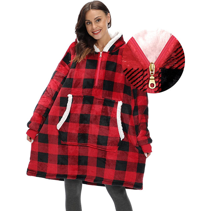 Wearable Zippered Hooded Slacker Blanket In Autumn And Winter - Red black check One size - Women's Coats & Jackets - Carvan Mart